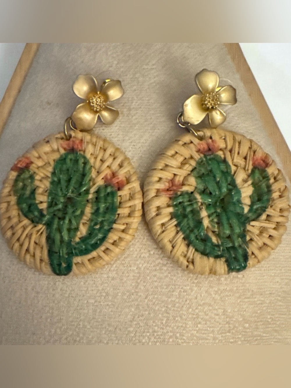 Gold Flower & Green Cactus Woven Drop Earrings